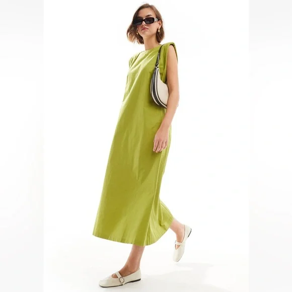 ASOS cotton midi dress with shoulder pads in olive green - Sz 6 - Picture 1 of 4